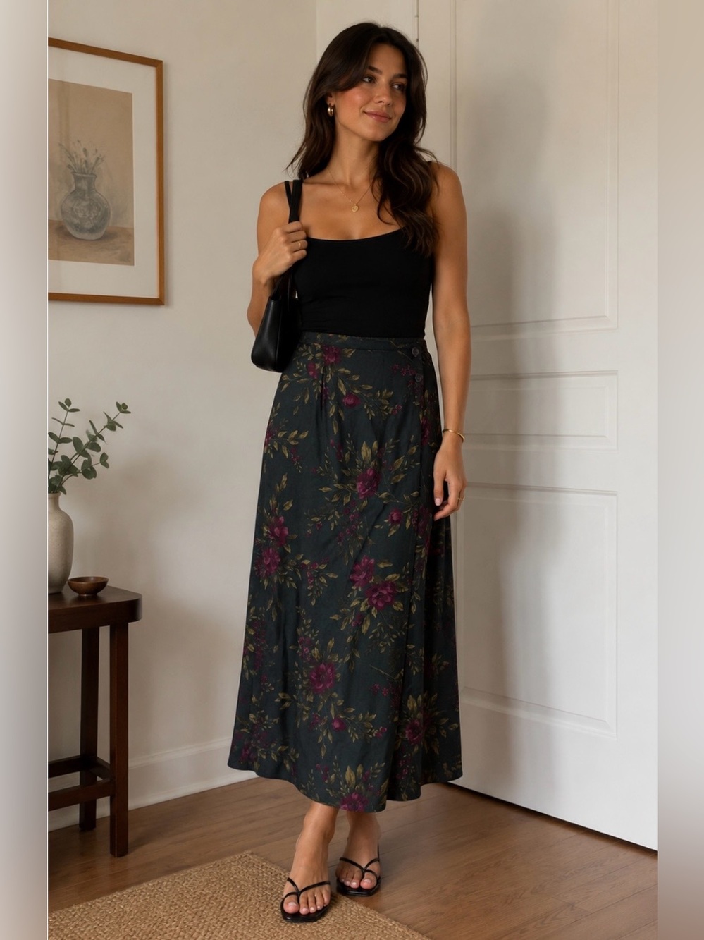 Requirements Dark Green Maxi Skirt with Plum Floral Accents